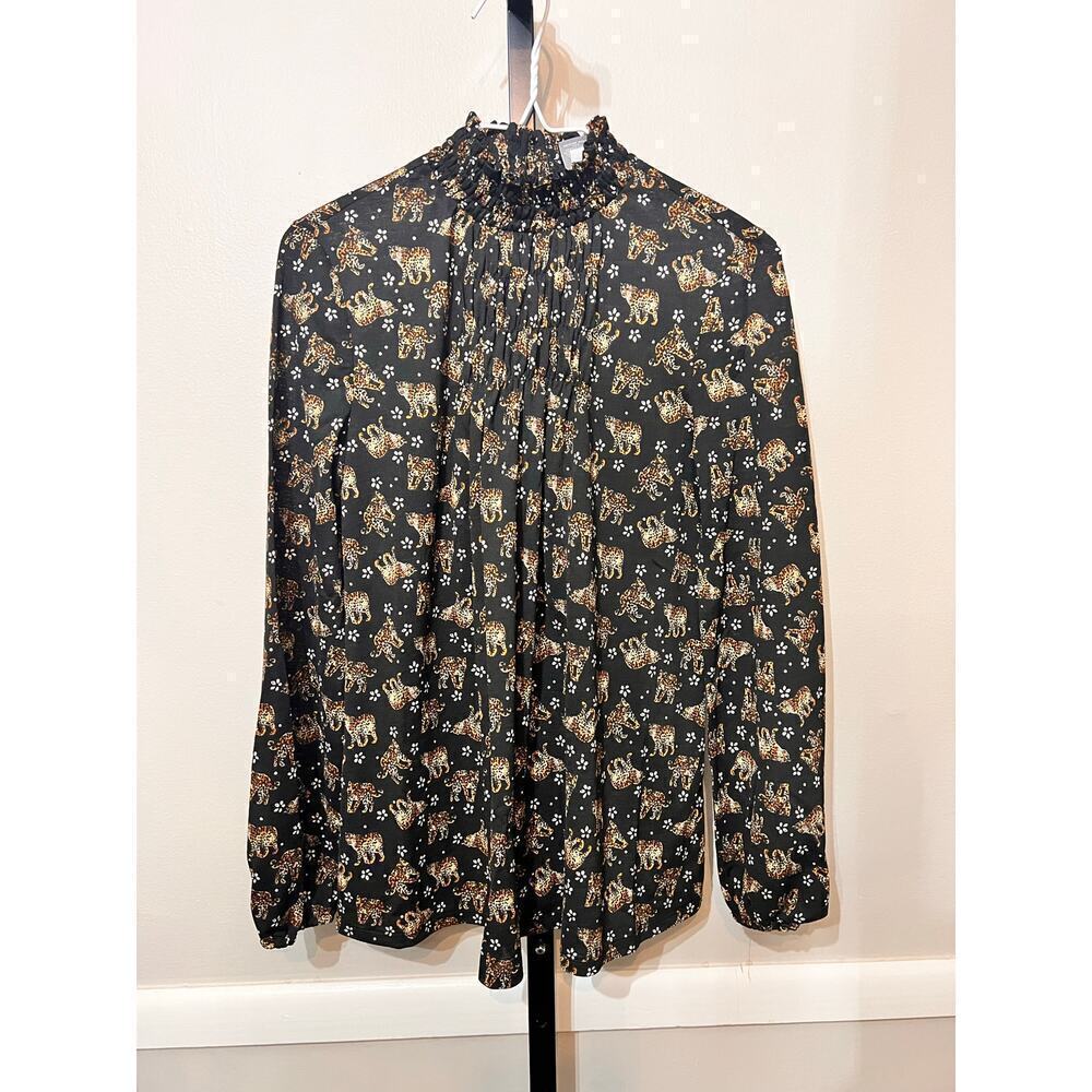 ☀️Kate & Mallory Black Leopard Cat Print Smocked Mock Neck Long Sleeve Blouse XS